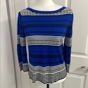 Elegant Striped Sweater in Blue Black & White 3/4 Bell Sleeves Boat Neck Size S